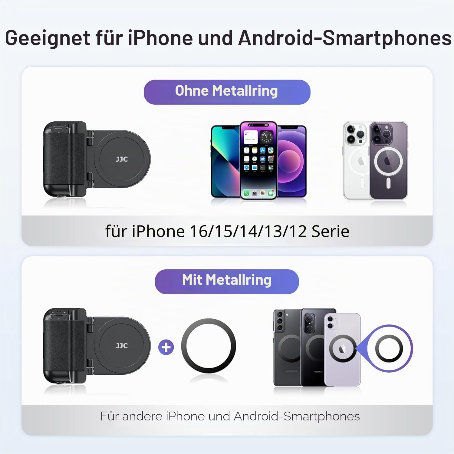 Magnetischer Smartphone Grip, Schwarz iPhone Kameragriff mit Abnehmbarer Drahtloser Fernbedienung, Kompatibel mit Magsafe, Kompatibel für iPhone 16 15 14 13 12 Android Handy Selfies, Handy-Halterung