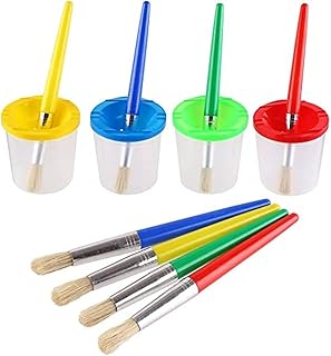 DIYASY 4 Pcs Kids No Spill Paint Cups and 4 Round Paint Brushes 4 Colors...