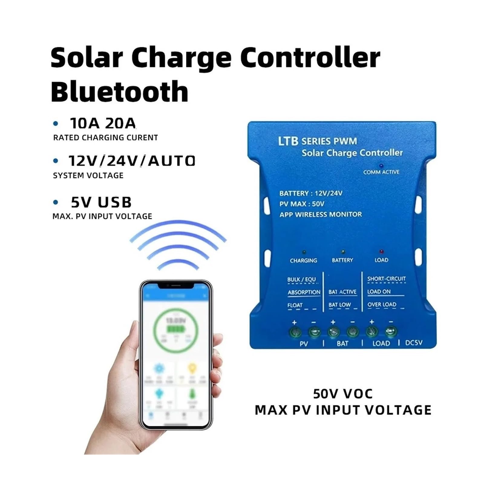 Kontroler ładowania słonecznego, Kontroler Ładowania Panelu Słonecznego Bluetooth 12V 24V PWM 10A 20A Regulator Ładowarki Samochodowej Wyjście USB 5V Max PV 50V DC(10A)