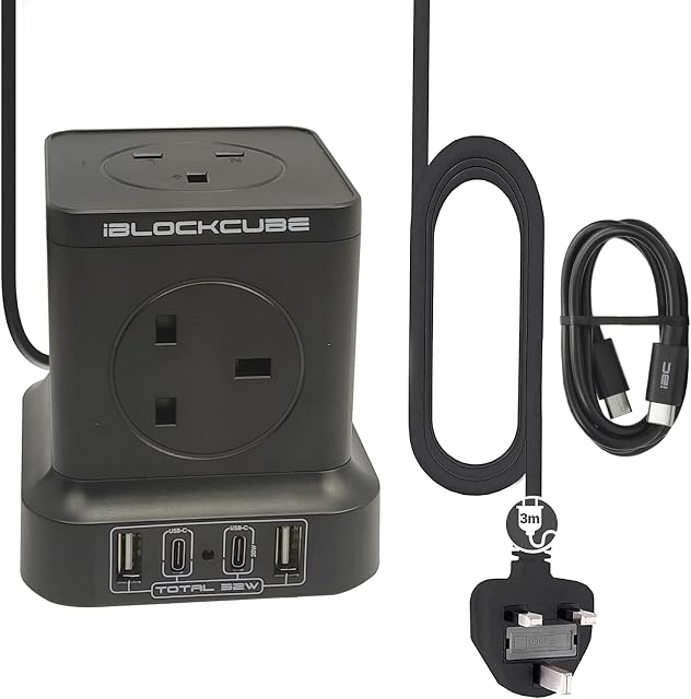 USB C Extension Lead 3M iBlockCube 5 Way Cube Power Strip with 4 USB Slots(1PD 20W + 2 USB-A+1 USB-C Port), Multi Plug Extension Cord, Extension Cable Black for Home Office Travel 3250W/13A
