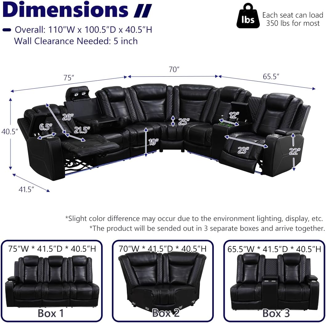 Power Recliner Sectional Sofa Set, Living Room Furniture Sets, L-Shape Recliner Sofa & Chair Set, Breathing Leather Reclining Couch with Cupholers/Storage for Living Room (Sectional,Black pro)