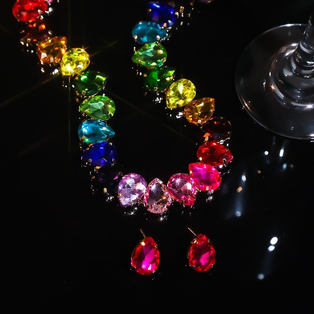 Octwine Women Bride Silver Colorful Rhinestones Necklace Earrings Set Wedding Rhinestone Necklace Dangle Earrings Sets for Brides Bridesmaid Pink Crystal Prom Party Accessories for Women image 4
