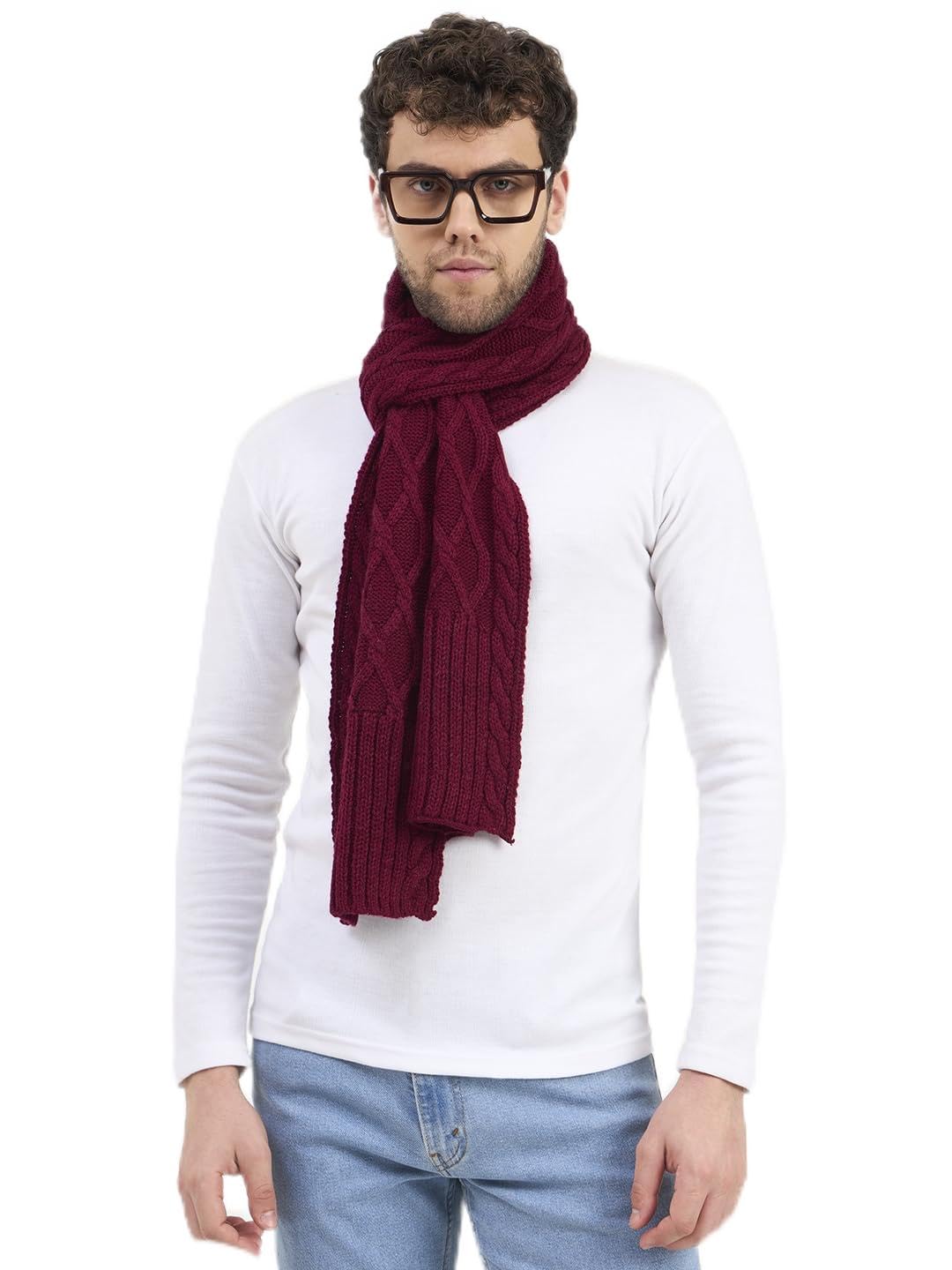 Men's Cable Knit Winter Scarf, Maroon Diamond Pattern-image-22