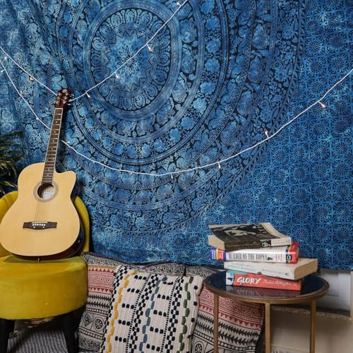 Image of Craft Trade 84x90 Inches Blue Cotton Mandala Ombre Wall Hanging Tapestry