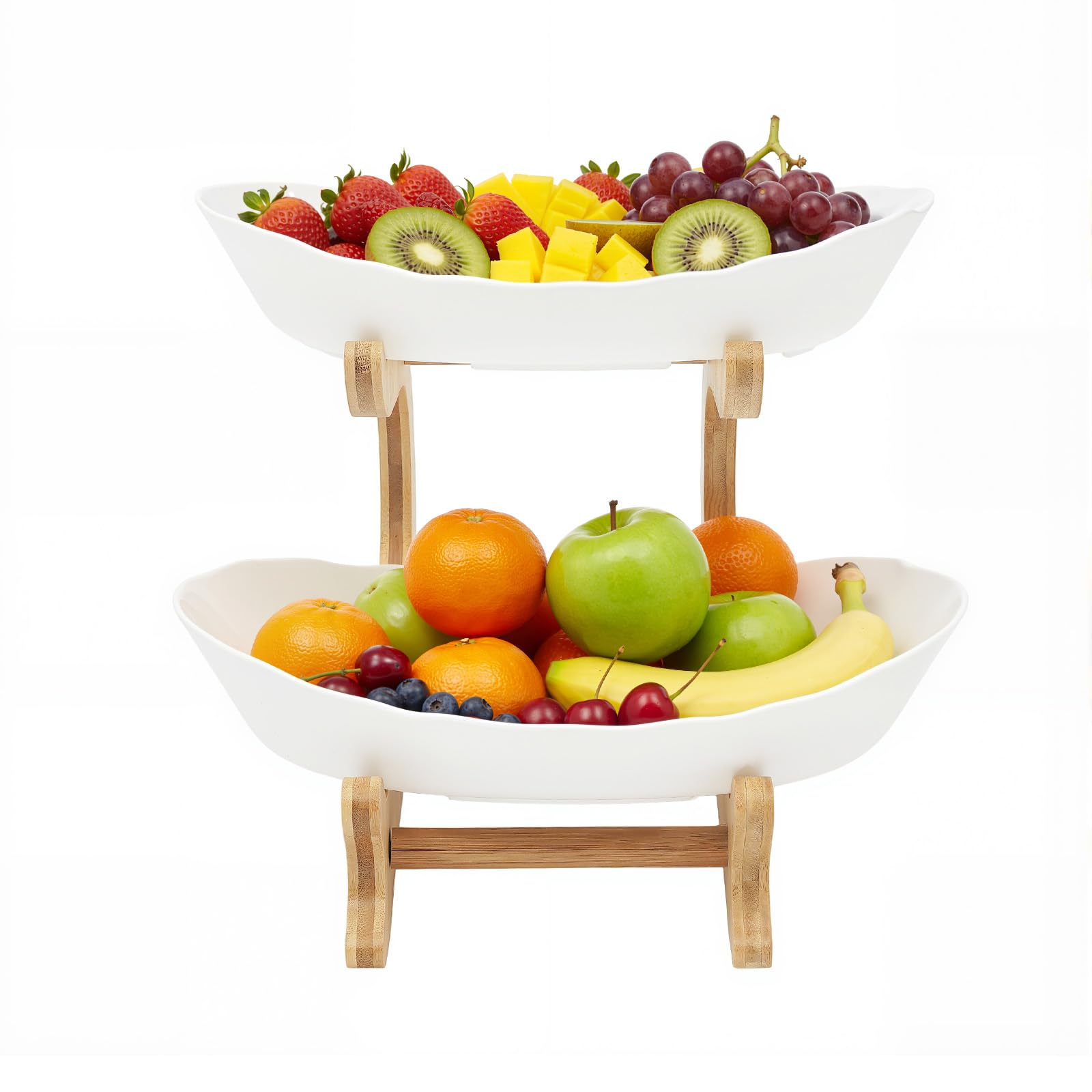 OBLLER 2 Tier Fruit Bowl with Bamboo Stand Plastic White Large