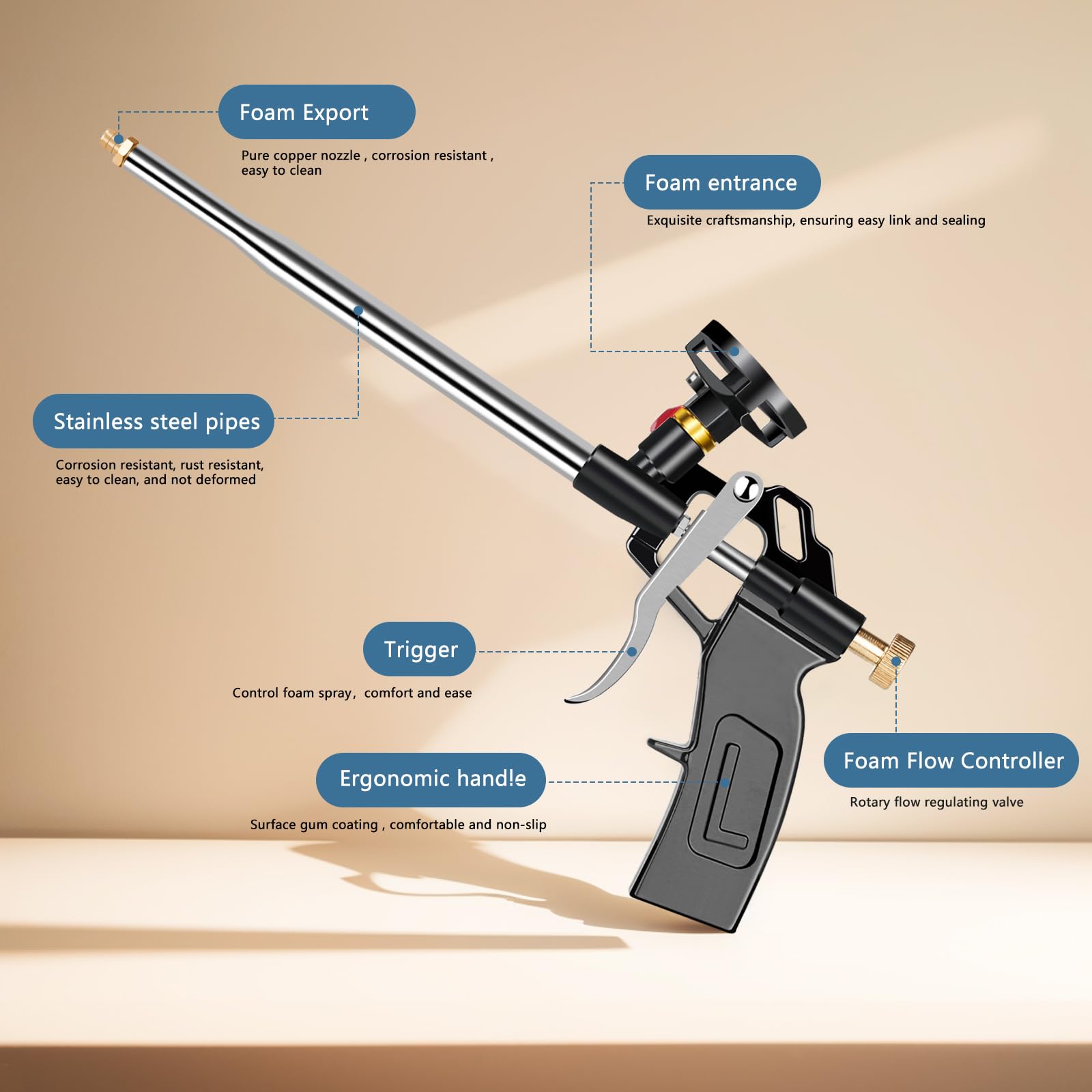 Drado Foam Gun, Heavy-Duty Foaming Gun for Caulking, Filling, Sealing, Needn't Cleaner Foam Dispensing Guns for Furniture Repair and DIY with x1 Plastic Nozzles x2 Plastic Extension Tubes - Image 4