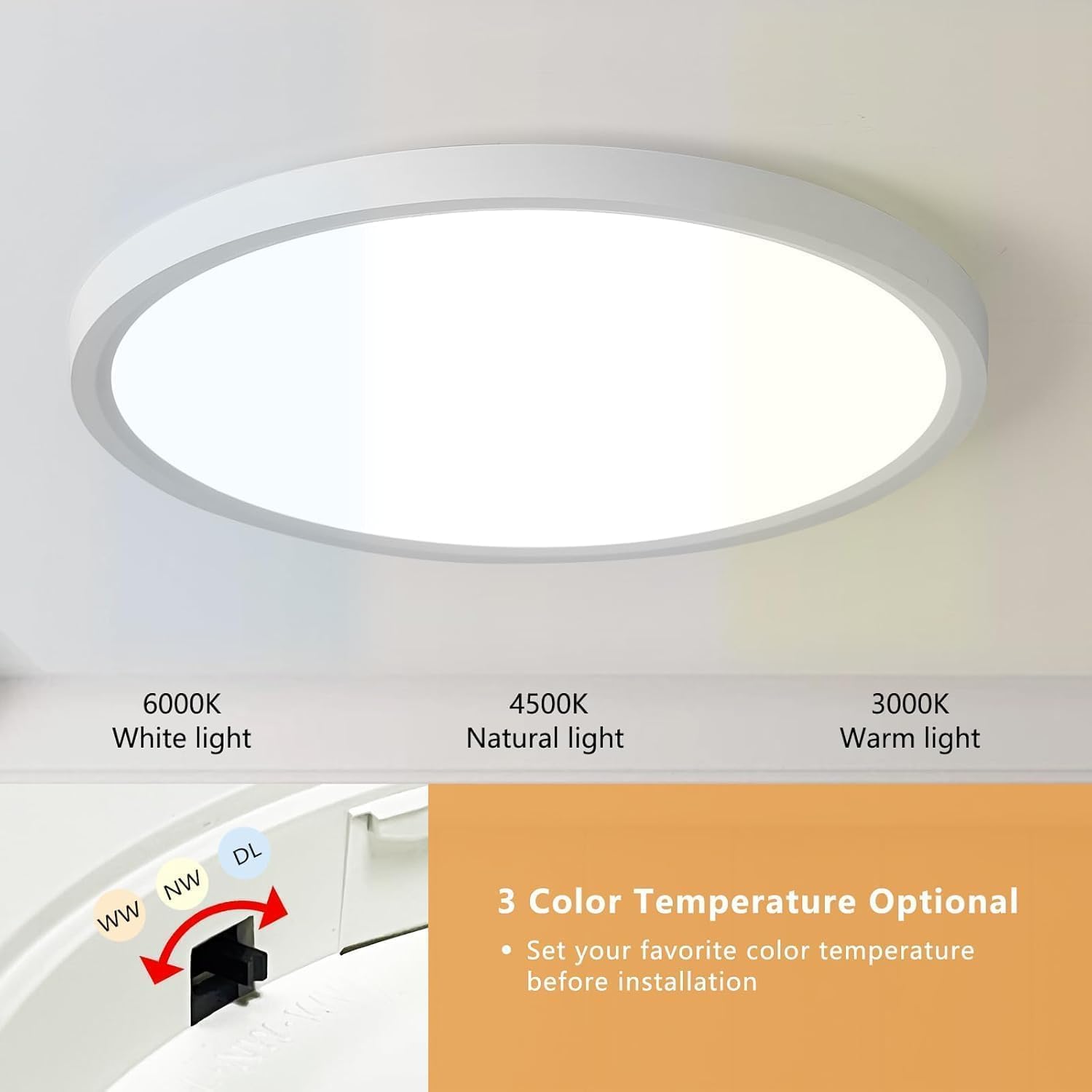 24 Inch Led Ceiling Light Flush Mount, 50W, 5480LM, 3000K/4000K/6000K CCT Selectable Super Slim White LED Ceiling Light, Close to Ceiling Round Flat Panel Light for Hallway, Bedroom, Kitchen, ect