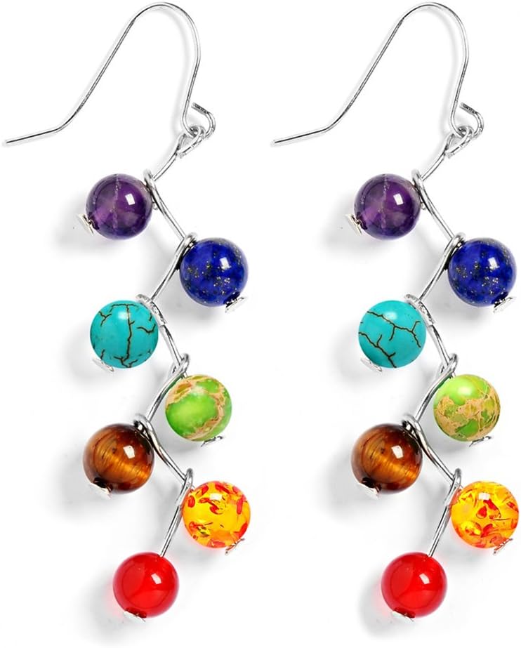 7 Chakra Long Dangle Stanless Steel Hook Healing Engery Earrings for Women Girls