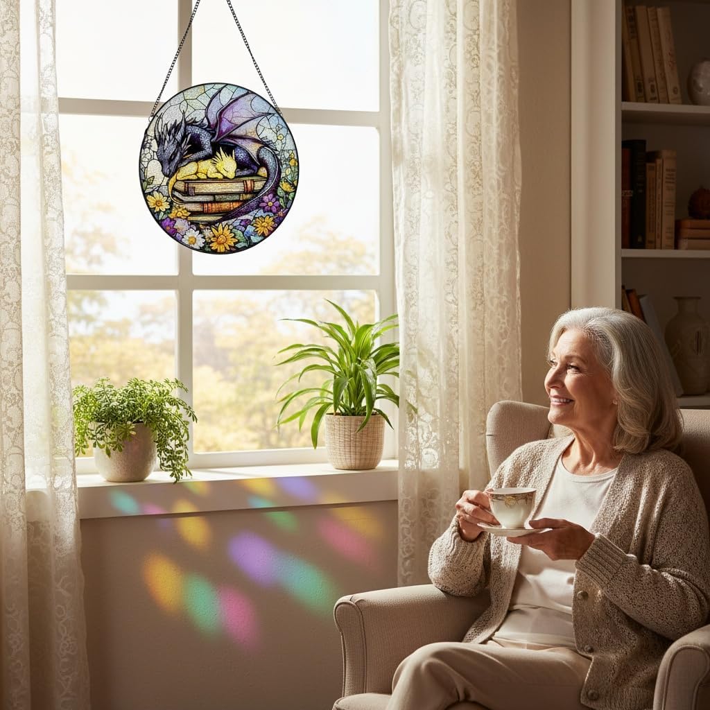 Dragon Stained Glass Window Hanging,9.8 Inch Sun Catchers Indoor Window,Suncatchers for Windows Hanging,Room Decor,Dragon Gifts for Women