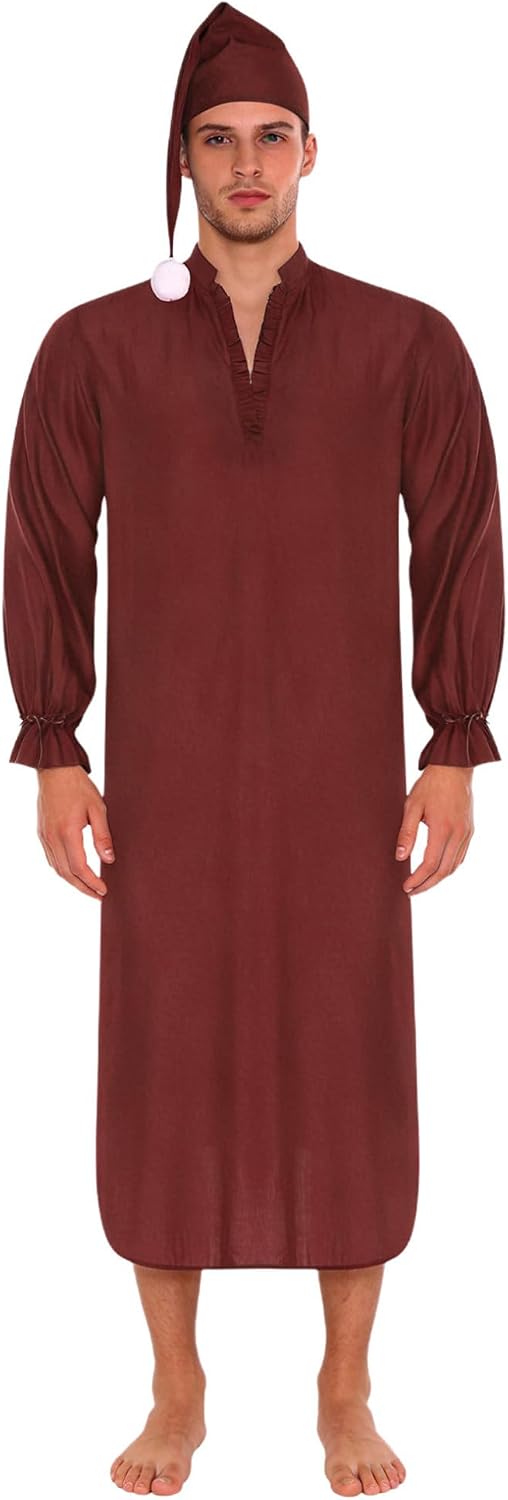 ACSUSS Mens Vintage Nightgown with Sleeping Hat Ruffled Trim Loose Sleep Robe Dress for Pajamas Party
