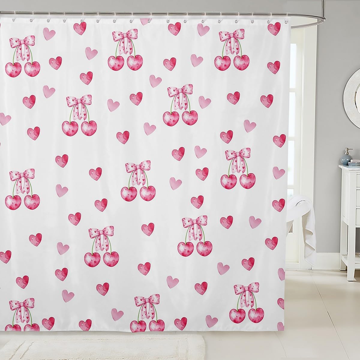 Manfei Fashion Girls Shower Curtains Cute Bow Cherry Lips Bathroom Curtains, Cartoon Bowknot Waterproof Bath Curtains with 12 Hooks Suits for Bathtub, Kids Girls Room Decor, 72" W x 84" L