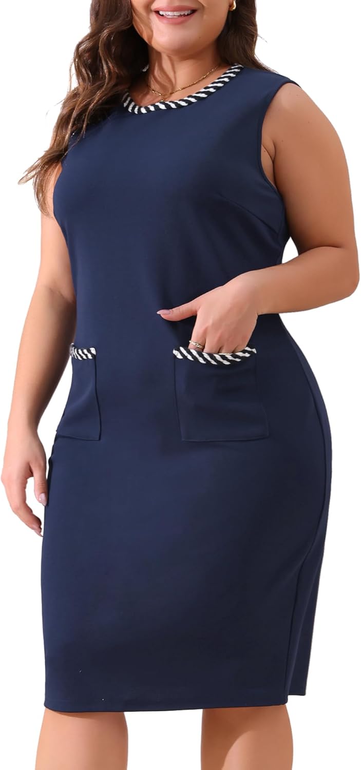 Agnes Orinda Plus Size Dress for Women Crew Neck Sleeveless Contrast Color Knit Trim Dual Pocket Wear to Work Office Dress