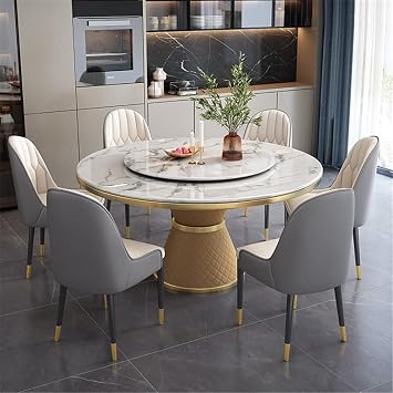 Round Marble Dining Table with Lazy Susan, Luxury Style 47" W Circular Tabletop Kitchen Table for Dining Room Kitchen Leisure Coffee Table -Camel Base