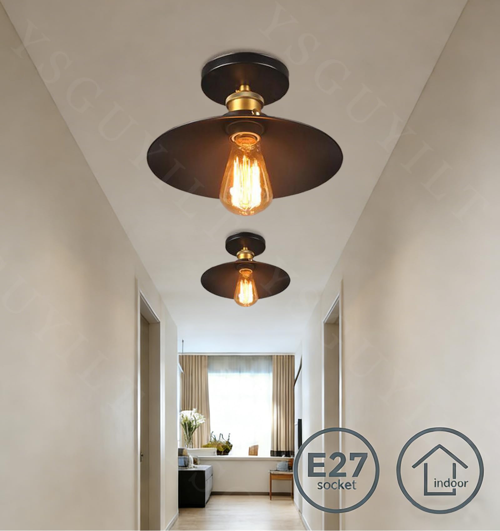 2 Piezas Lámpara de Techo en Forma de Paraguas - Plafón Industrial Vintage Negro - E27 - Diámetro 22 cm - Para Cocina, Salón y Restaurante