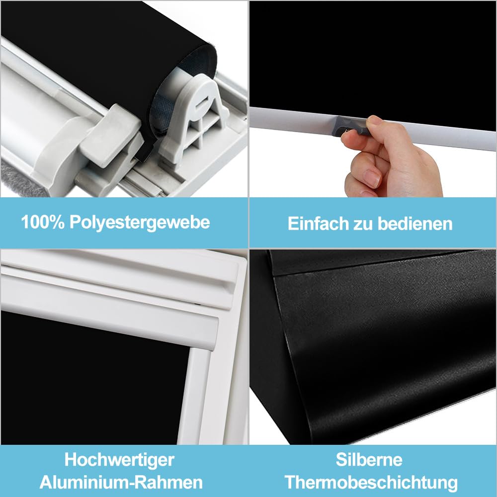 Verdunkelungsrollo für Dachfenster 97,3x94 cm – Aluminium Rahmen, Wärmedämmung & Sonnenschutz, Sichtschutz & Feuchtigkeitsbeständig, Rollo mit Bohren, Schwarz, Kompatibel mit S06