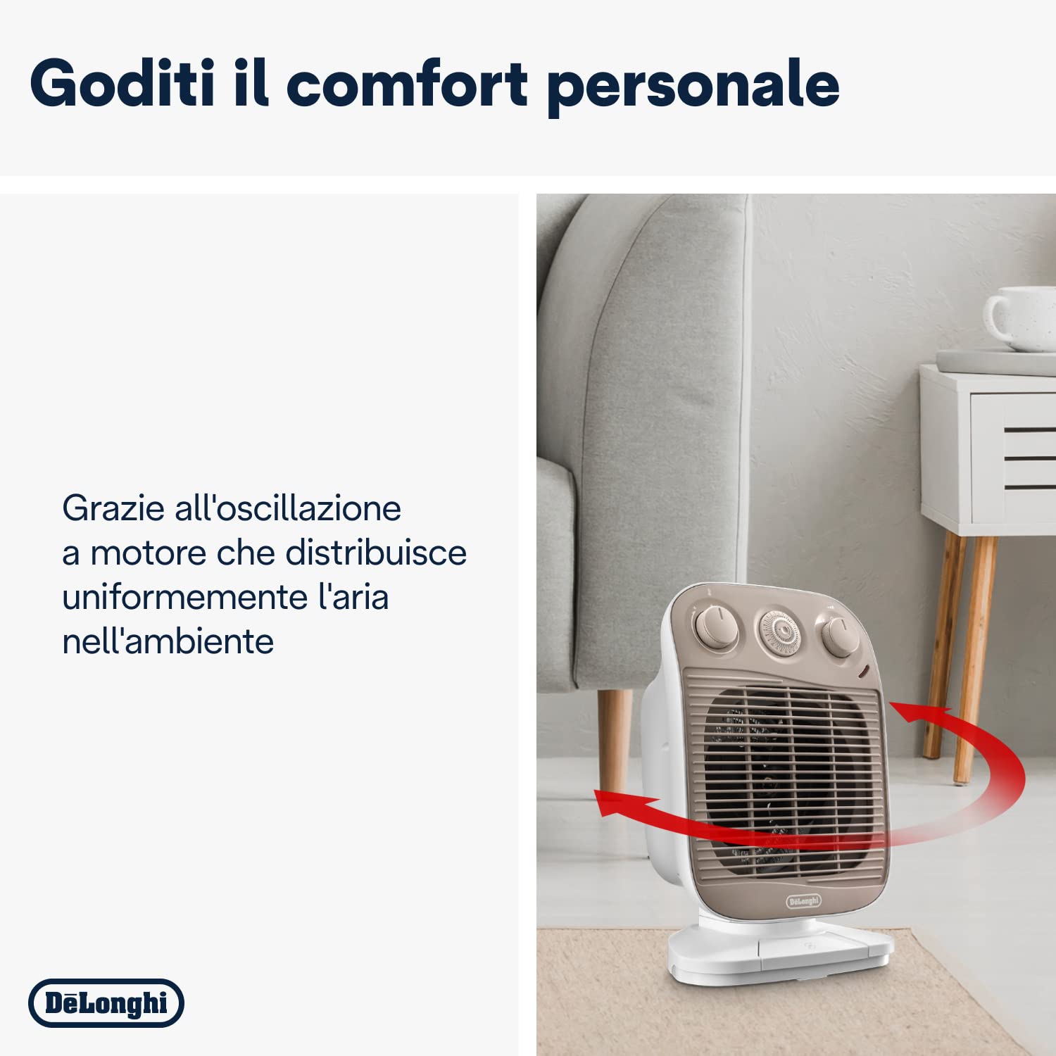 De'Longhi HFS50F24 Termoventilatore, Silenzioso, 3 livelli di potenza, TIMER 24H, ventilazione estiva, protezione antigoccia, maniglia, luce pilota, per ambienti fino a 70m³, bianco/grigio