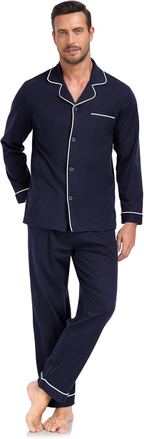 COLORFULLEAF Men's 100% Cotton Pajama Sets Breathable Long Sleeve Pjs Mens Cotton Sleepwear With Pockets - Image 7