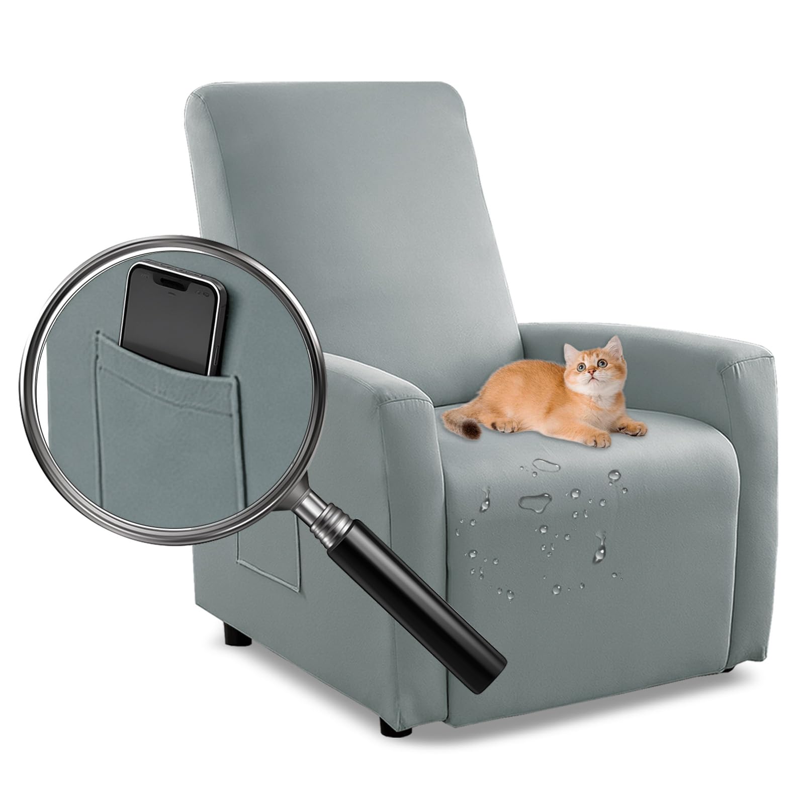 MeYuxg Copri Poltrona Relax Reclinabile a 1 Posto, Elasticizzato Copripoltrona Relax Reclinabile con Tasche, Impermeabile Copri Poltrona Totale, per Poltronas Relaxs e TV(Grigio Chiaro, 4 Pezzi)