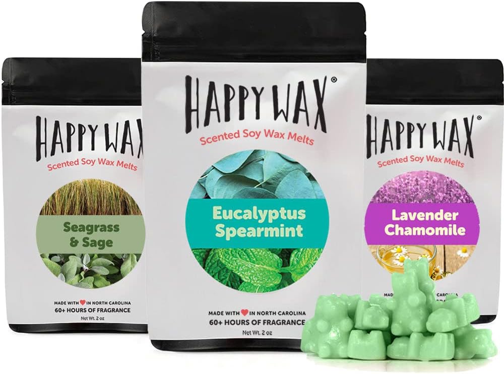Happy Wax Spa Mix Premium Scented Natural, Non Toxic Soy Wax Melts – 6 Total Oz. of Scented Wax Melts. Includes: Seagrass & Sage, Lavender Chamomile, and Eucalyptus Spearmint