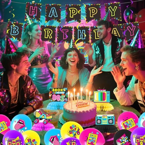 Image of 80s Themed Birthday Decorations, Retro Cute Happy Birthday Banner, Boy Girl Funny Party Supplies with Banner, Hanging Swirl, Honeycomb, Balloon