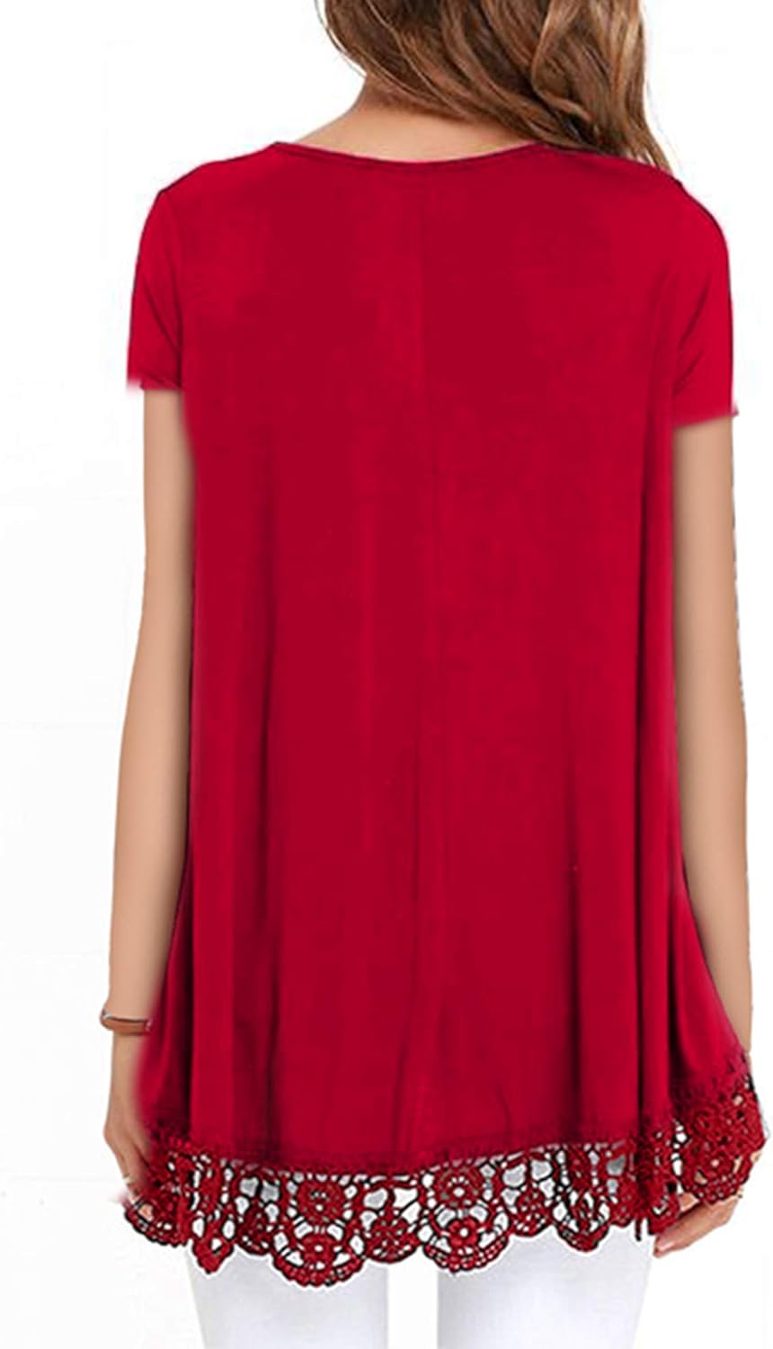 RAGEMALL Women's Tops Short Sleeve Lace Trim O-Neck A-Line Tunic Blouse Tops for Women - Image 2