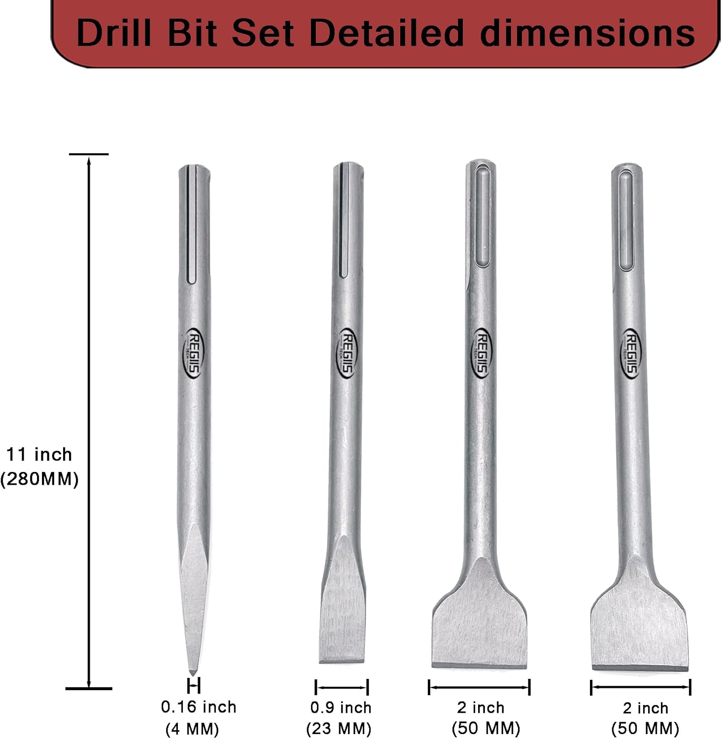 4 pcs SDS MAX 11 inch Chisel Set, Masonry Concrete Drill Bit Set, Tile Removal Chisel Bits for Rotary Hammer with Point Flat Tile Scraping Chisels