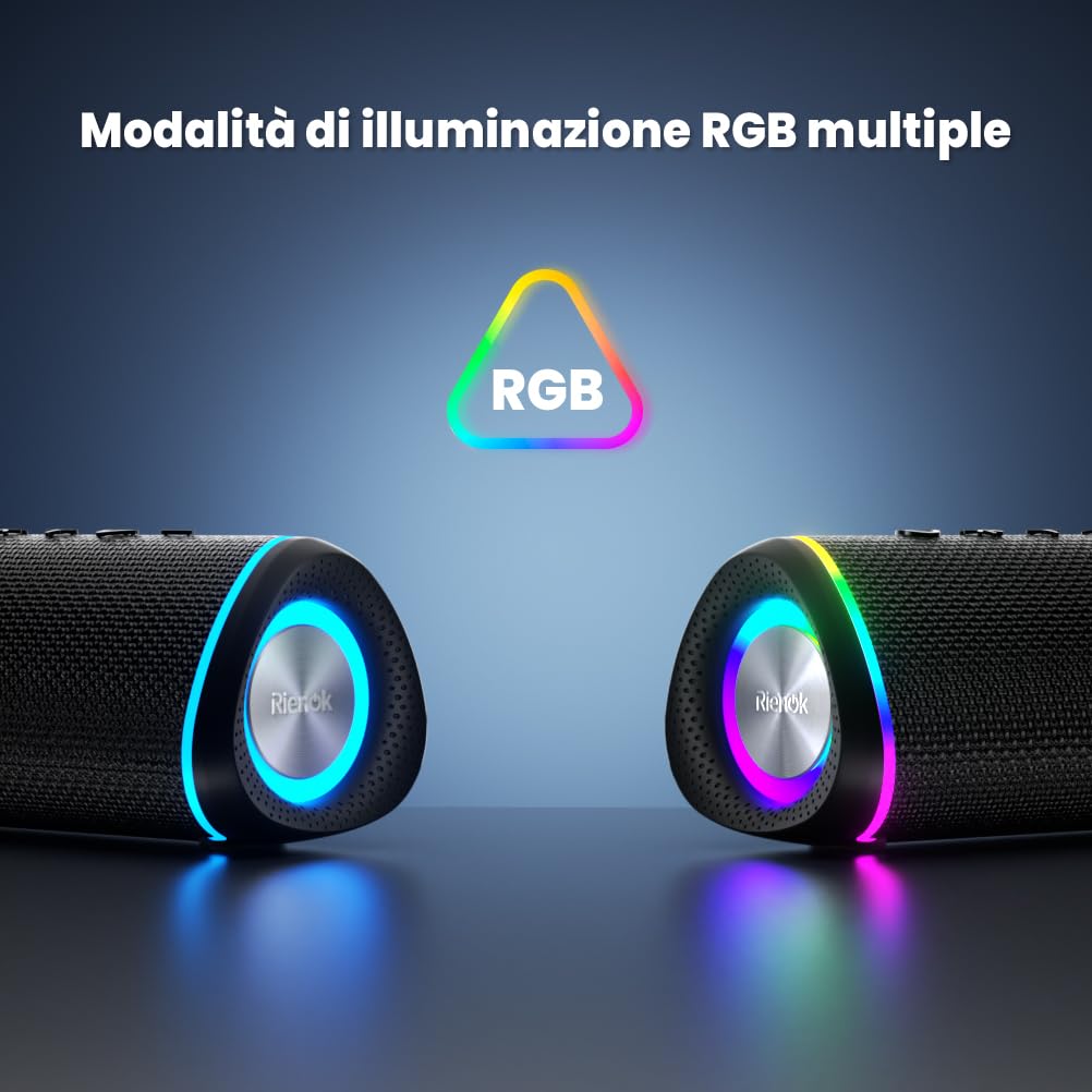RIENOK Cassa Bluetooth Potente Portatile 30W Impermeabile Speaker Bluetooth 5.3, Chiamata in Vivavoce, Vero Stereo Senza Fili, Luce LED, Supporta TF & AUX, Ricaricabile Tipo-C