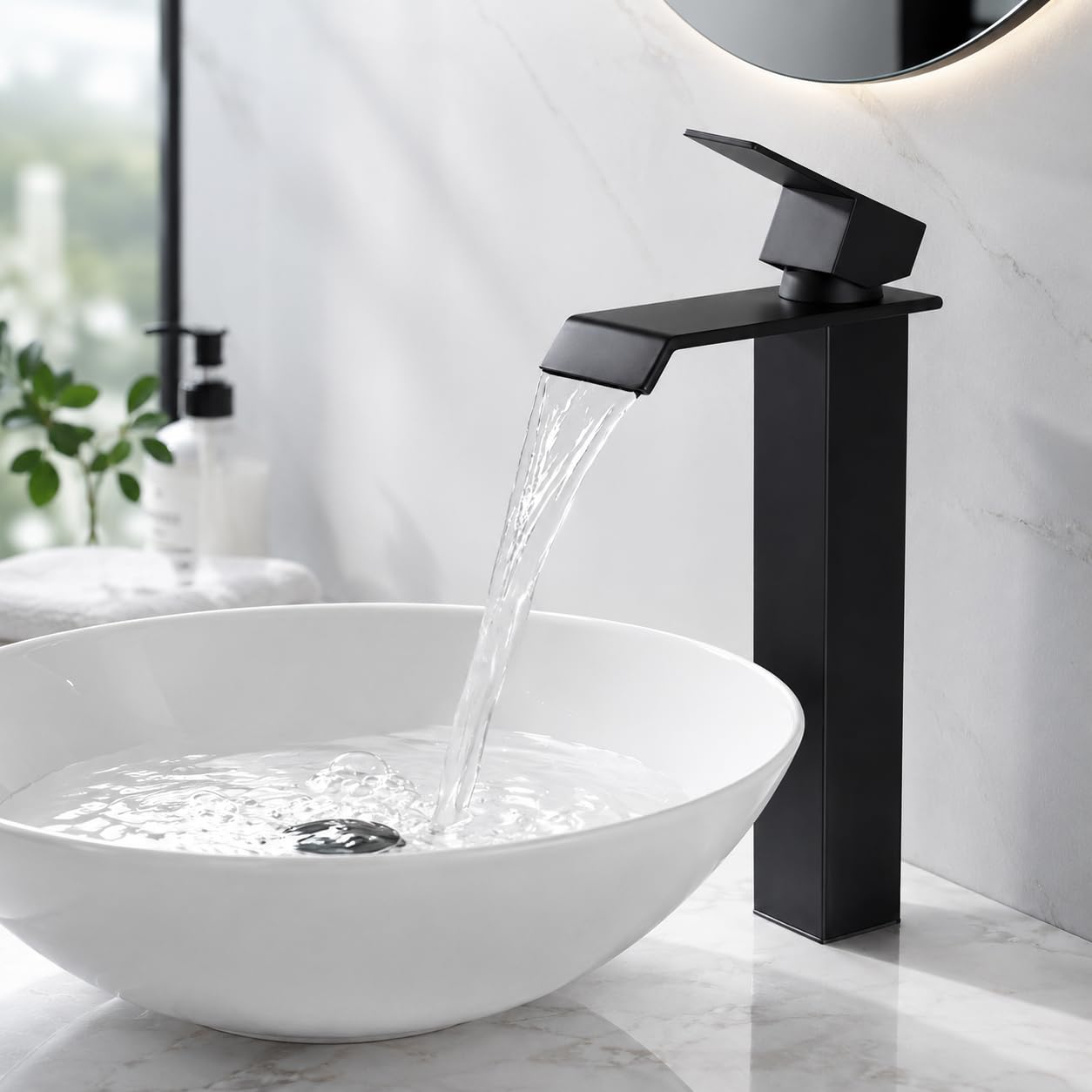 HOMELODY Wasserhahn Bad Schwarz, Wasserfall Einhandmischer Mischbatterie Waschbecken Waschtischarmatur mit Auslauf Höhe 247MM, Energiesparend Armatur Badezimmer, Eckig