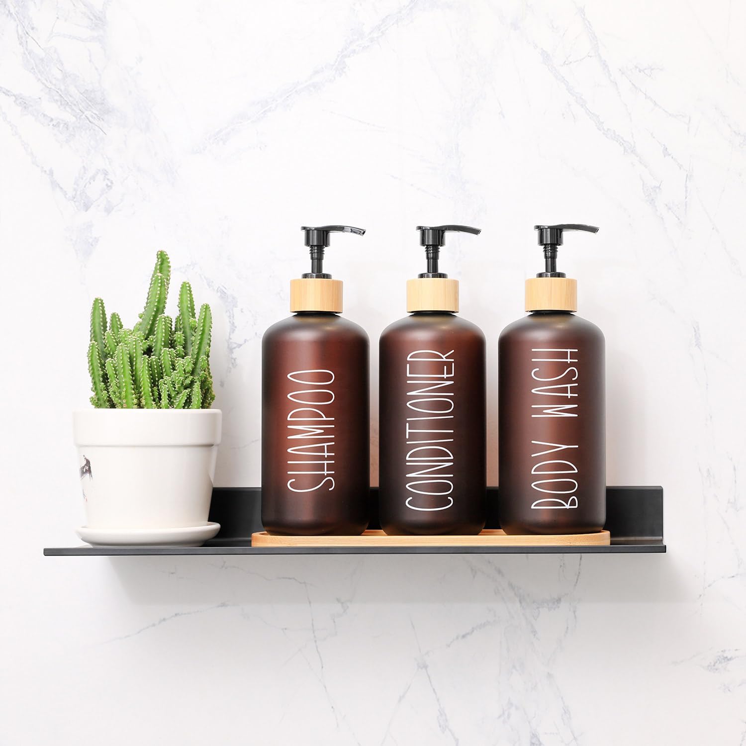 MOMEEMO Amber Shower Dispenser Set, Contains 3 Extra-Thick PET Plastic Bottles with Bamboo Pumps, Shampoo and Conditioner Dispenser for Shower Perfect for Modern Bathroom Decor. (Amber) - Image 2