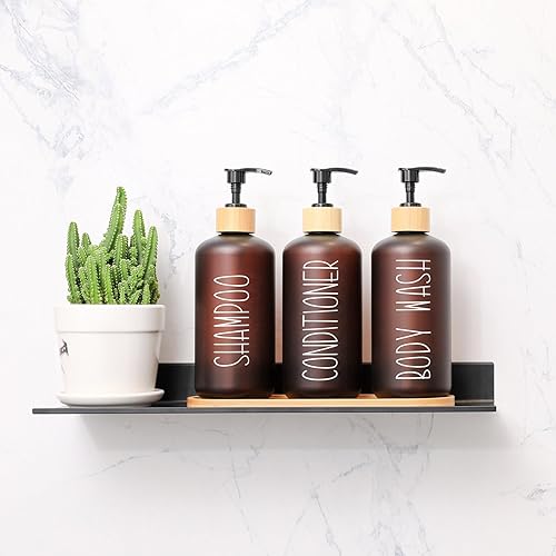 Miniatura 2 de MOMEEMO Juego de dispensador de ducha ámbar, contiene 3 botellas de plástico PET extra gruesas con bombas de bambú, dispensador de champú y