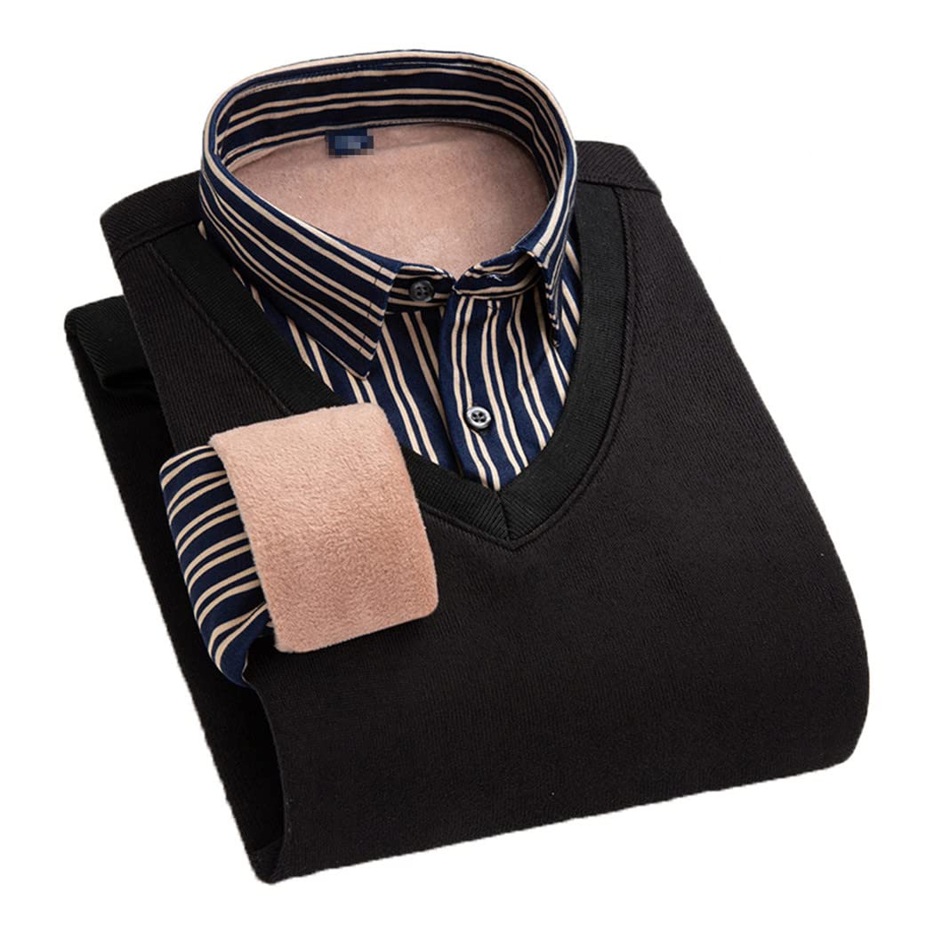 Uomo Casual Camicia Collo Pullover Slim Fit A Righe Cotone Maglioni Scollo a V Finto Due Pezzi Maglioni (B XL)