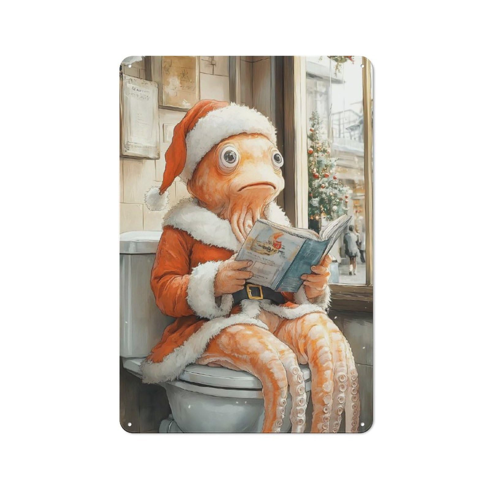 Tin Sign 30x20cm with Octopus Santa on Toilet for Bar Or Restaurant, Retro Decor, for Garage, Workshop And Man Cave Decoration