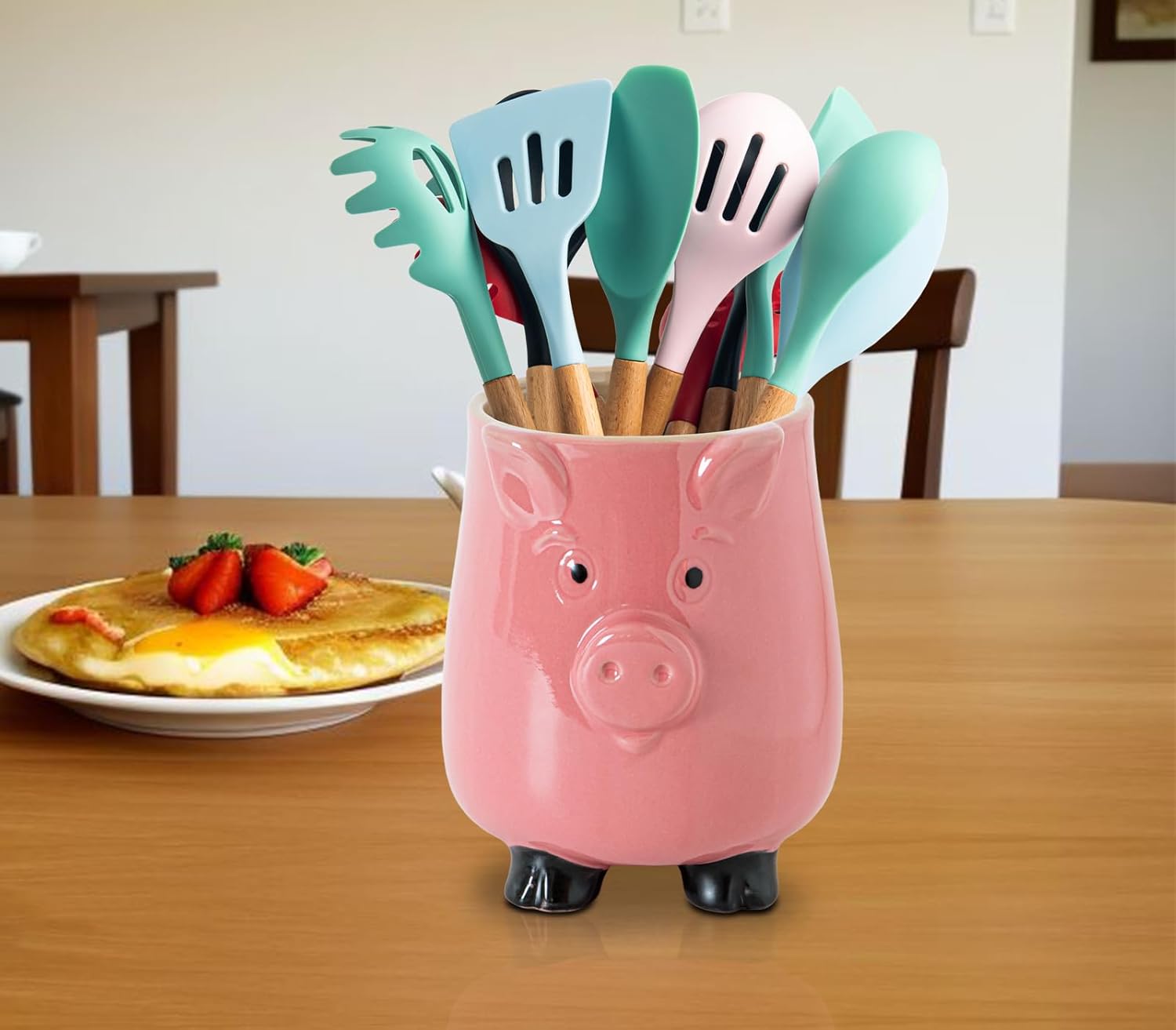 Pig Ceramic Kitchen Utensil Holder For Kitchen Counter Pink Utensil Crock For Countertop, Cute Farmhouse Kawaii Storage Organizer For Forks, Spoons & Cooking Tools