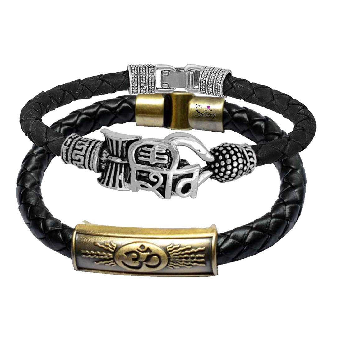 Religious Om Shiv Damru Trishul Arm Cuff Combo Set Silver,Black and Brown Leather, Brass Bracelet for Men and Women-image-34