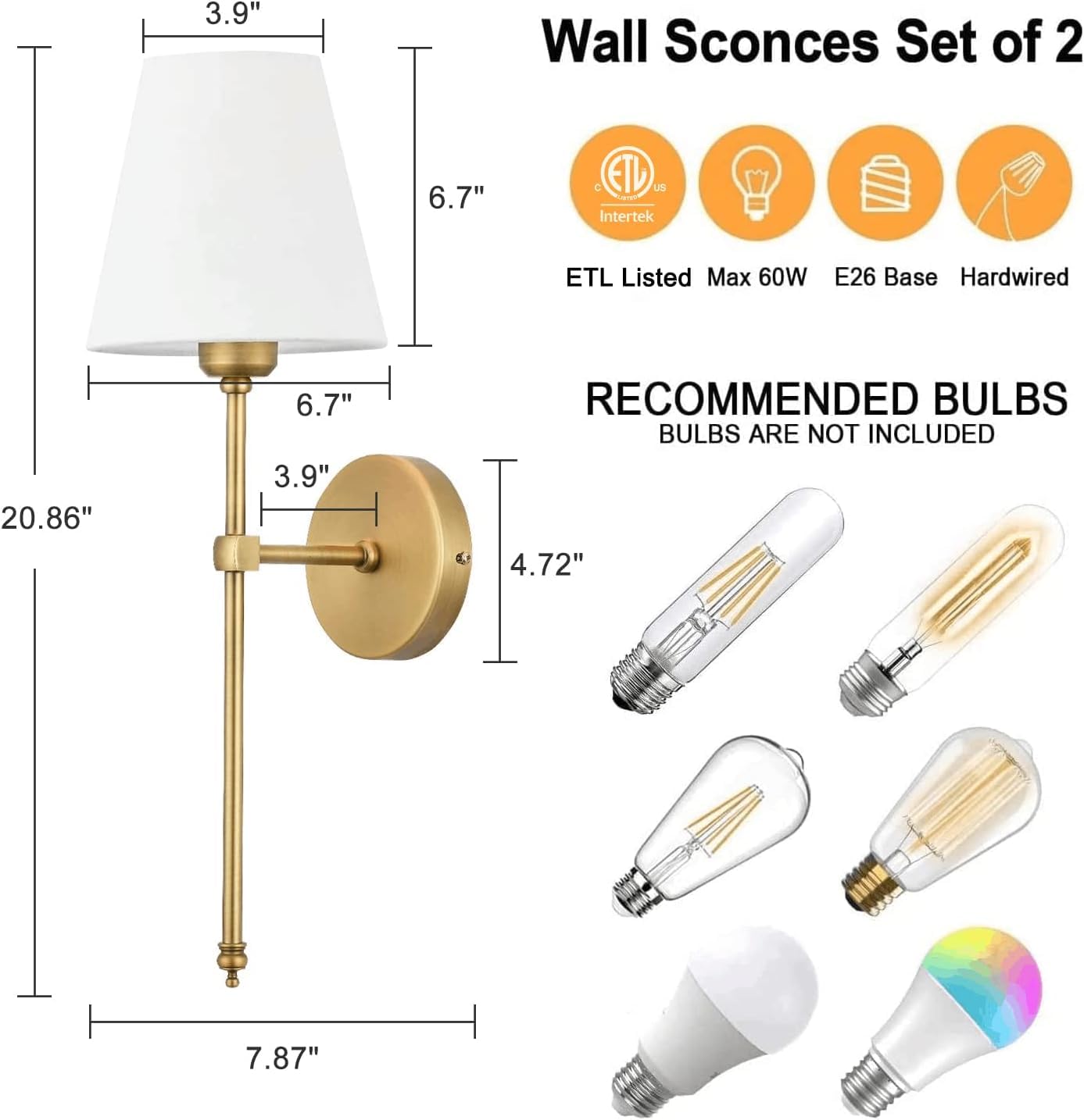 Enyhom 2 Stücke E27 Wandleuchten Innen Vintage Flur Wandlampe Deko Gold Industrial Wandlampe mit Weißem Stoffschirm für Spiegel, Wohnzimmer, Schlafzimmer und Treppe (Ohne Glühbirne)