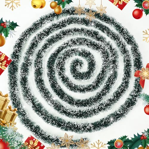 Christmas Tinsel Garland 33FT, Green & White Tinsel Garland with Shiny Metallic Garlands,Christmas Garland for Home Indoor Outdoor Party Decor