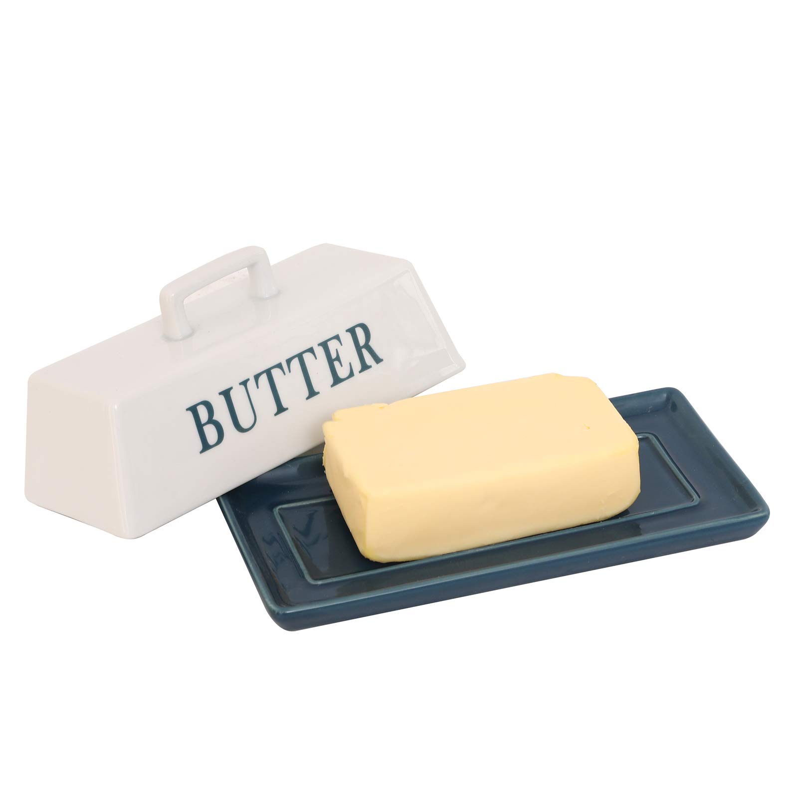 YCOCO Ceramic Butter Dish with Handle Lid,Deluxe Butter Keeper with Cover Design Perfect for East West Butter,Blue