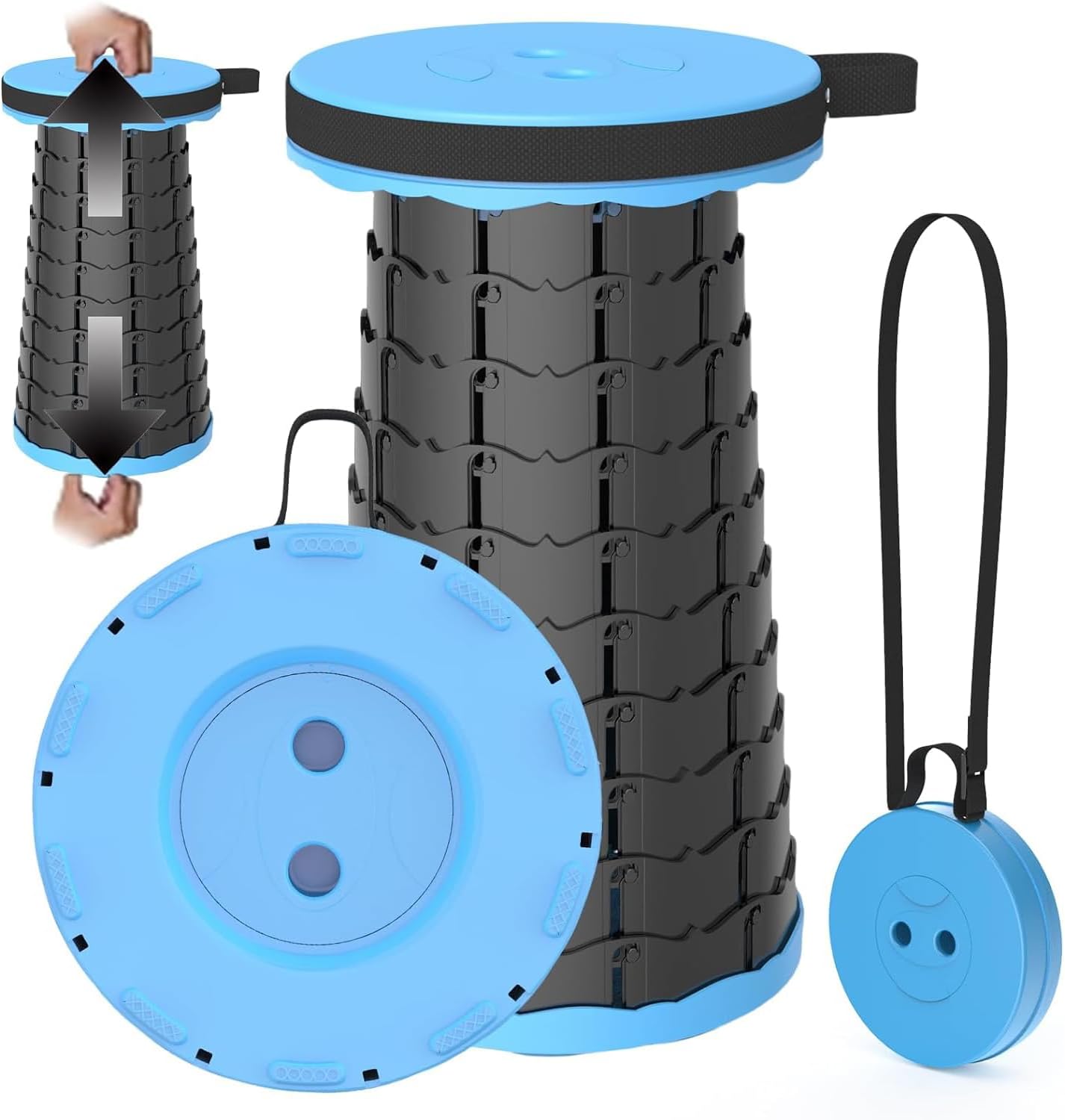 X spring Collapsible Folding Stool, Portable Retractable Telescoping Folding Stool, Adsjustable Foldable Camping Stool for Outdoor Fishing Hiking Gardening Travel BBQ Max Loading 200kg (Blue)