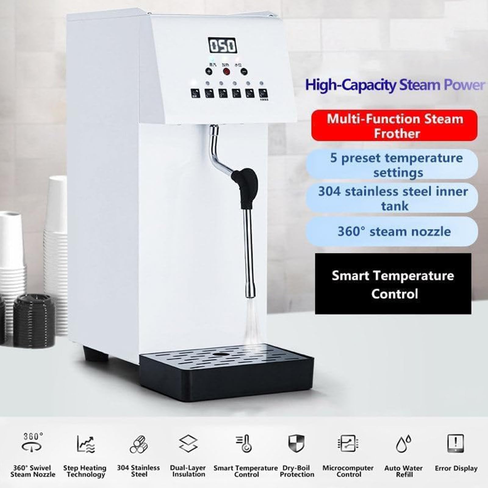 Komercyjny spieniacz do mleka Steam o pojemności 6 l, elektryczny spieniacz do mleka o mocy 2500 W z obrotową dyszą parową 360°, 5 ustawień temperatury, zbiornik ze stali nierdzewnej 304