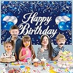 Happy Birthday Backdrop Banner, Blue and Silver Birthdays Banner Backdrop, Happy Birthday Party Decorations Yard Sign Background for Kids Birthdays Party Indoor Outdoor Decorations - Image 4