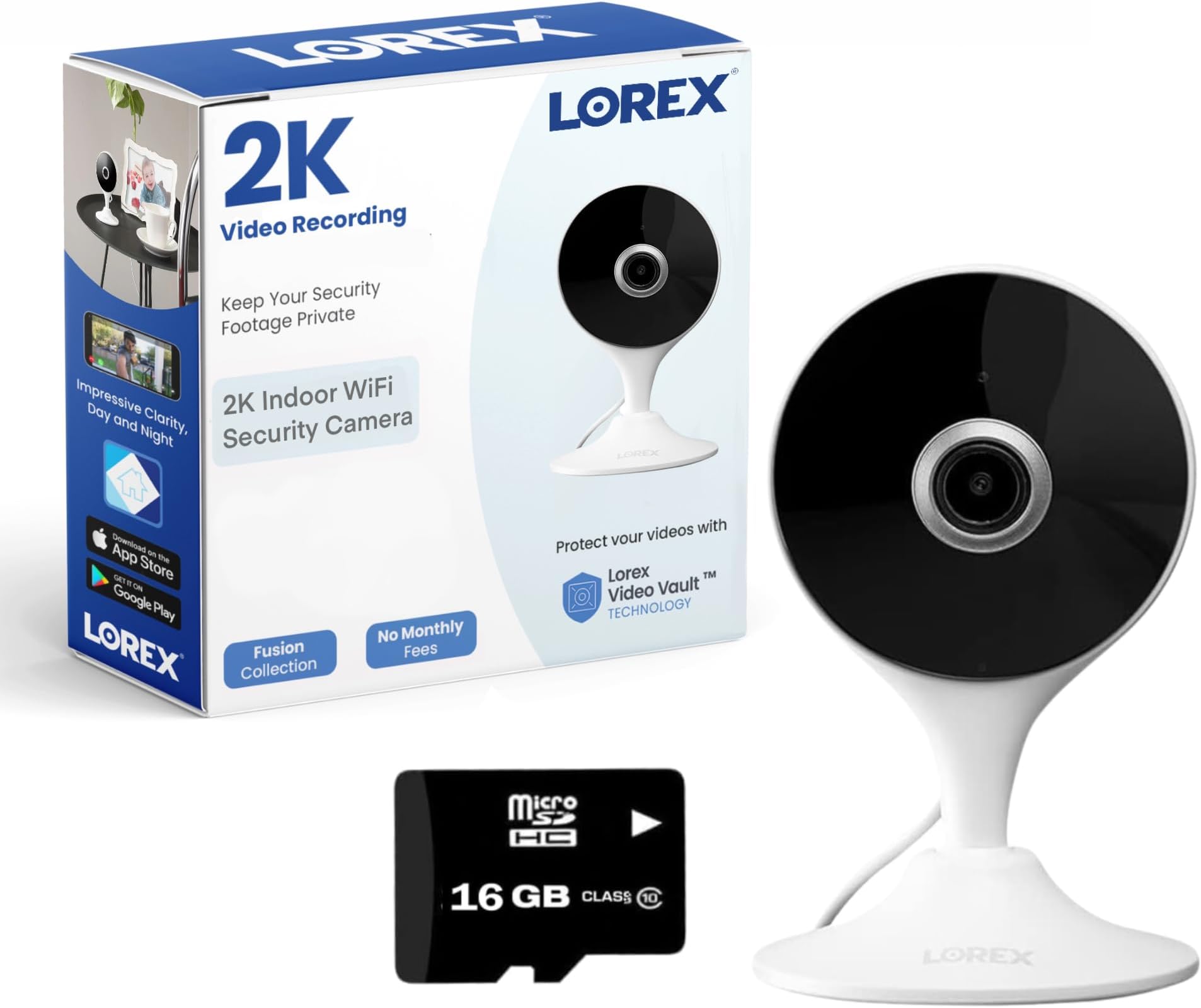 Lorex 2K Indoor WiFi Security Camera for Home, Pet Cam, Baby Cam - Mobile App, IR Night Vision, Person Detection & 2 Way Talk - Free 16GB Micro SD