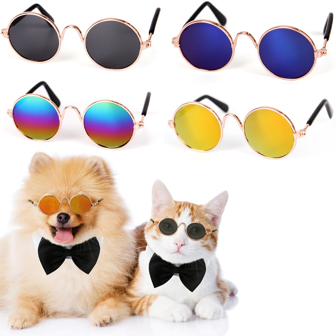 4 pezzi Occhiali da sole per gatti, Occhiali da sole da gatto, Simpatici occhiali da sole per animali, Occhiali da sole rotondi, Protezione dai raggi UV, per feste, cosplay