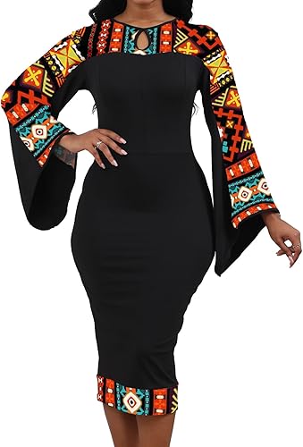 Oxgmoky Vestido de mujer con estampado africano, vestido de manga larga con cuello redondo y cuello redondo