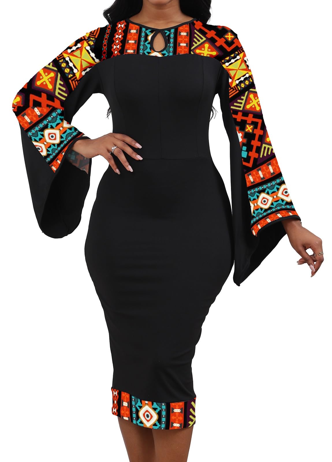Oxgmoky Womens African Print Dress Work Business Bodycon Long Sleeve Round Neck Pencil Dresses