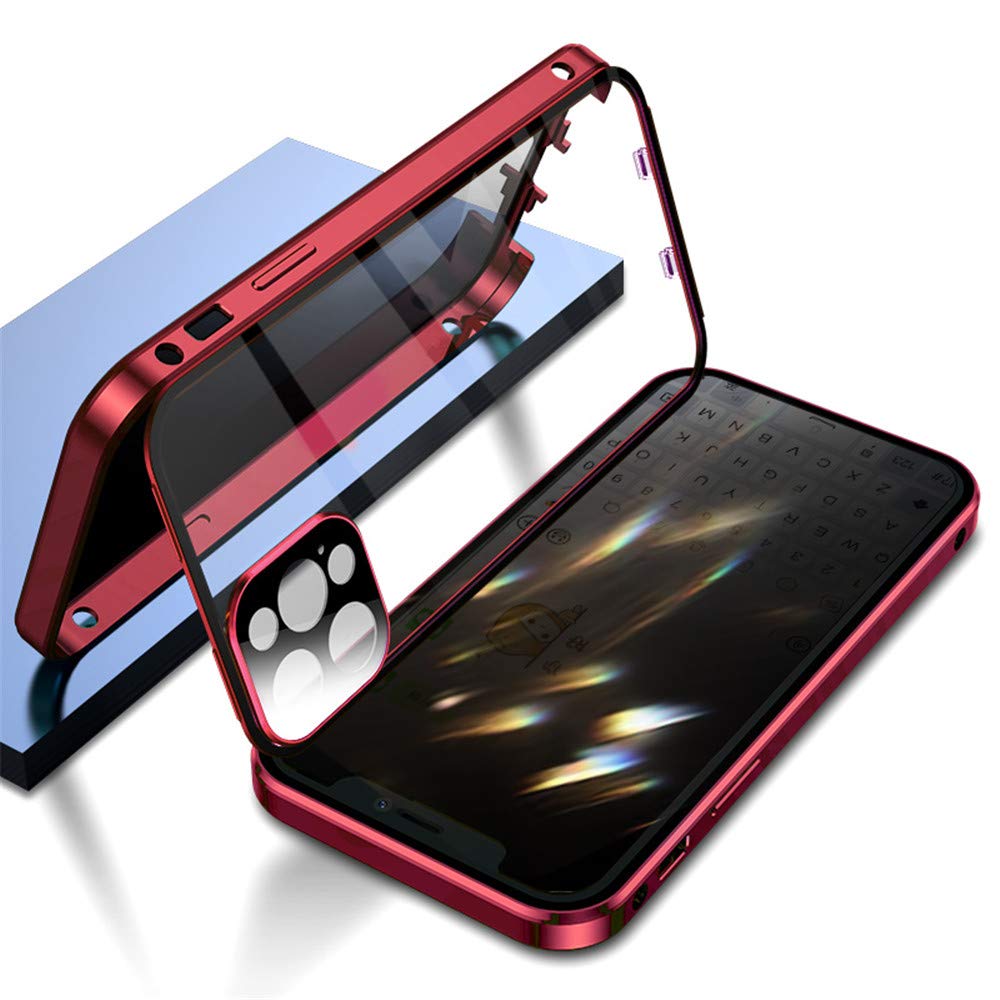 Double Safety Lock Anti-Peeping Case for iPhone 11 Pro Max Aluminium Bumper Case with Camera Lens Screen Protector Full Body Protection Metal Frame Clear Glass Cover (11ProMax, Red)