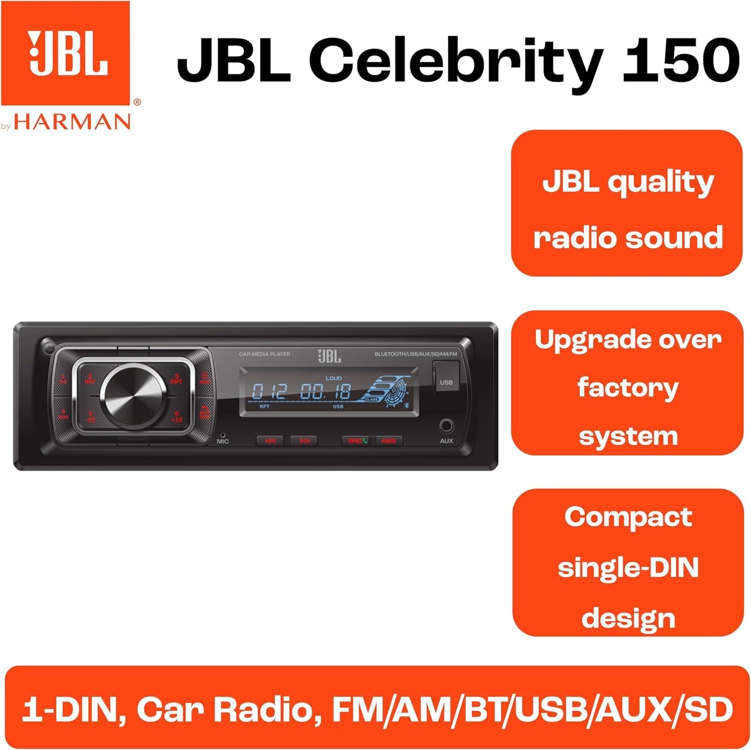 JBL Celebrity 150 Radio Coche Bluetooth por Harman Kardon Am/FM Auto Radio | 1 DIN Universal con Pantalla Desmontable y función de Manos Libres Coche Bluetooth, 4x50W, USB, SD, AUX y 2 Salidas RCA