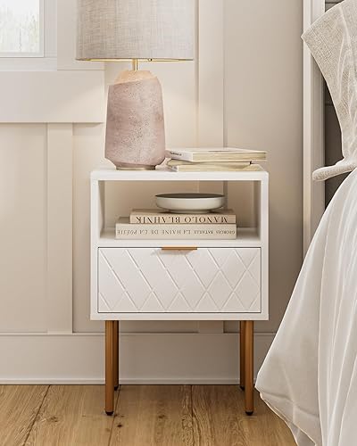 Miniatura 6 de Mesita de noche, mesita de noche pequeña con cajón, mesita de noche blanca, muebles de noche, mesa auxiliar con marco dorado, cómoda con cajón para