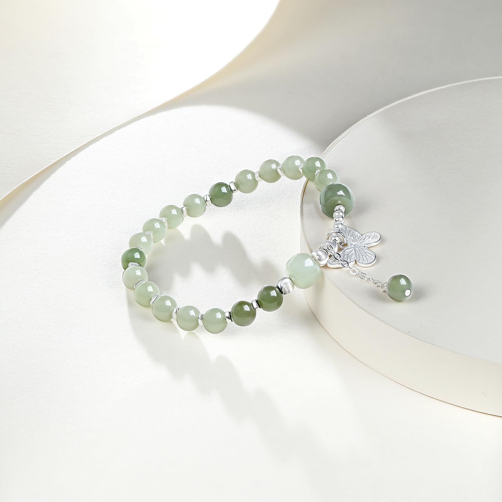 Pulseras de Cuentas de Plata esterlina para Mujeres S925 Silver Green Gemstone Bead Butterfly Pulsera estirle de Mariposa Mom cumpleaños