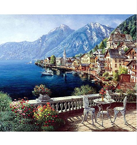 Dreamsy Peinture par numéro Kit, DIY Peinture à l'huile Dessin Harbour Village Toile avec des brosses Decor Décorations Cadeaux - 16x20 Pouces avec Cadre