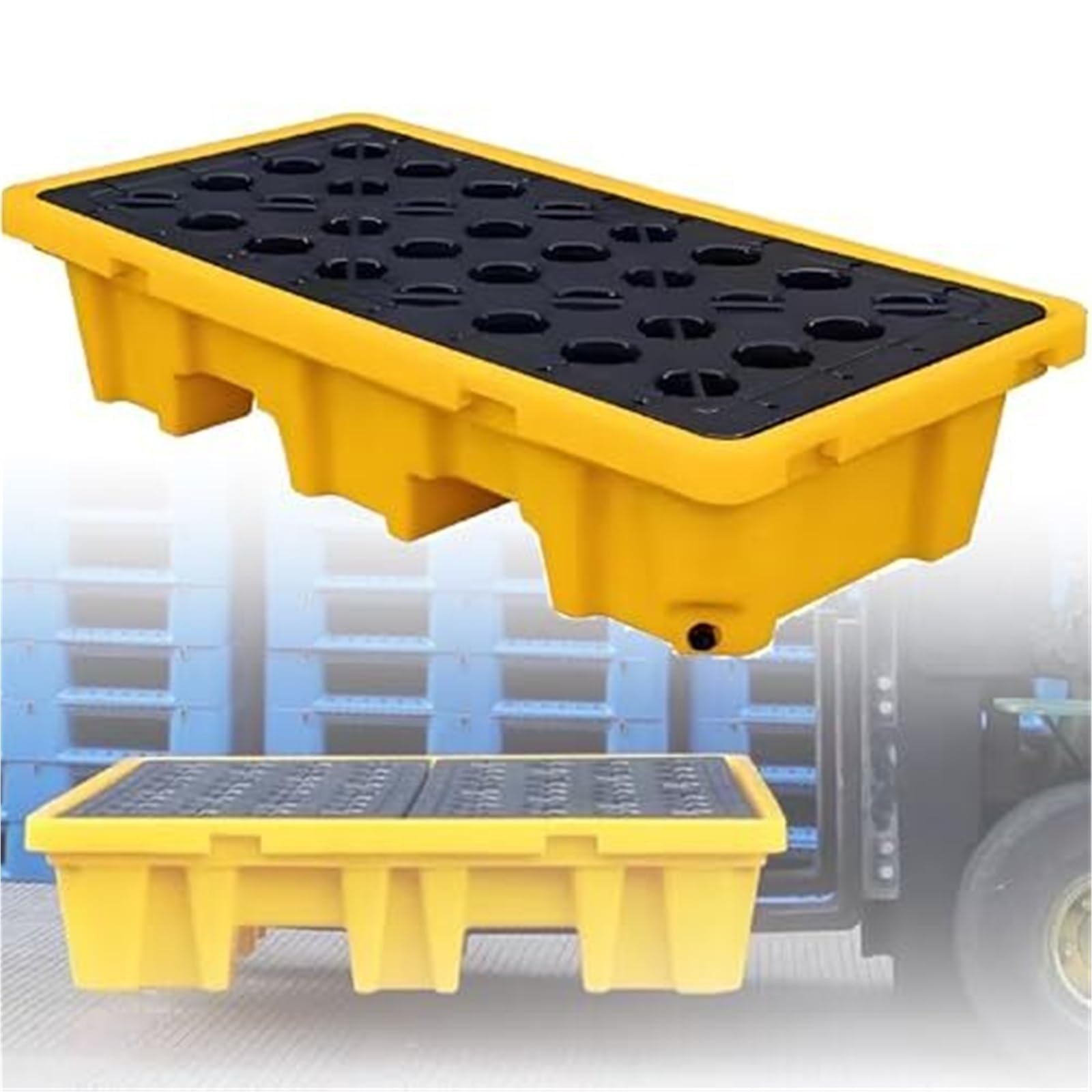 Cubeta de Retencion con Desague y Entradas de Carretilla, Palet Antiderrame de HDPE for Garaje, Plataforma Modular con Rejilla Desmontable, Control de Derrame Secundario(50 * 36 * 10cm)